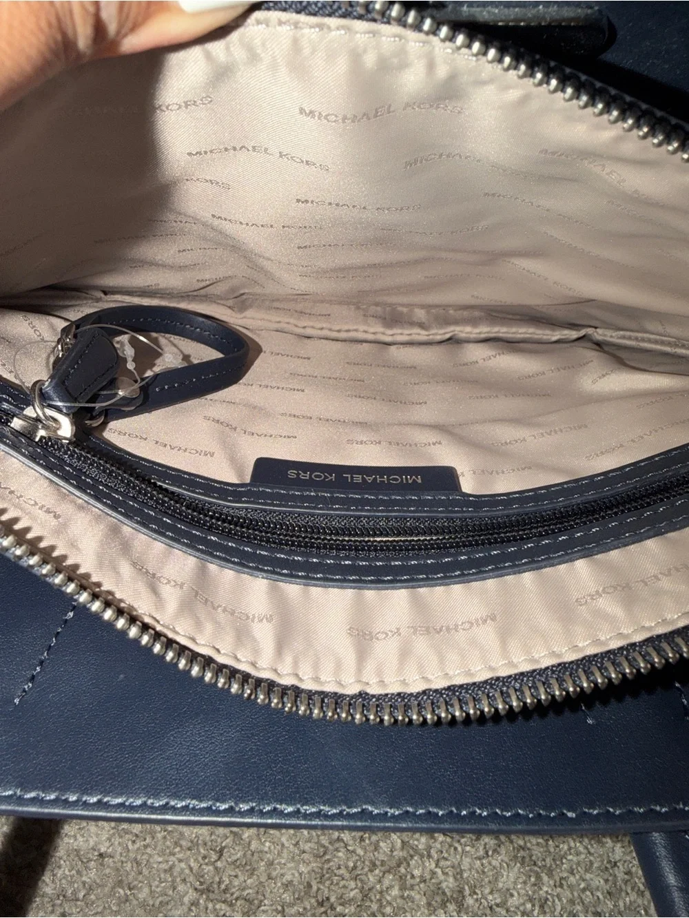 Michael Kors Teal Pebbled Leather Tote with Navy Trim